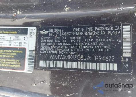 2010 Mini Cooper S Clubman z USA, uszkodzony, nr VIN WMWMM3C50ATP94672